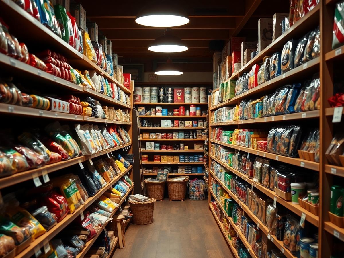 Warm wooden shelves stocked with grocery essentials